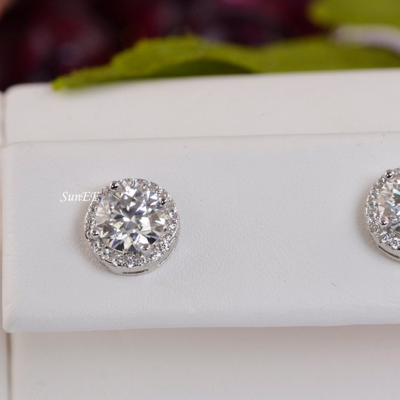 GRA Certified 2ctw Halo Round Cut Moissanite Stud Earrings NEW - Picture 7 of 13